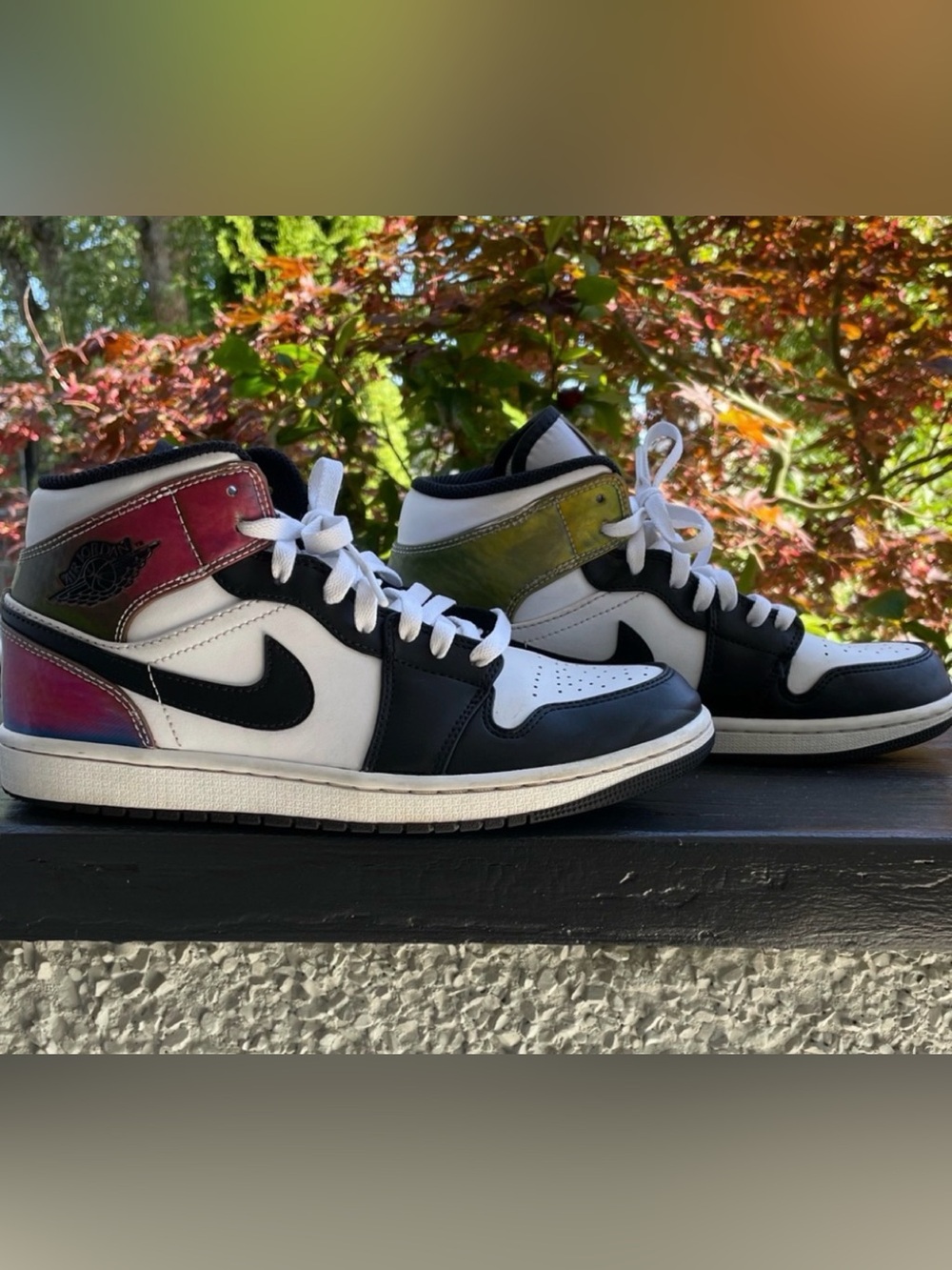 Jordan Men’s Air Jordan 1 Mid - Black, White, Iridescent Pink/Green